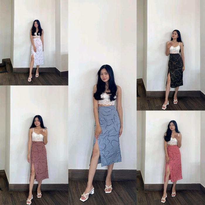 Rok MIDI Belah samping - rok pendek - motif cacing - rok korea Wanita Mini Hitam Putih