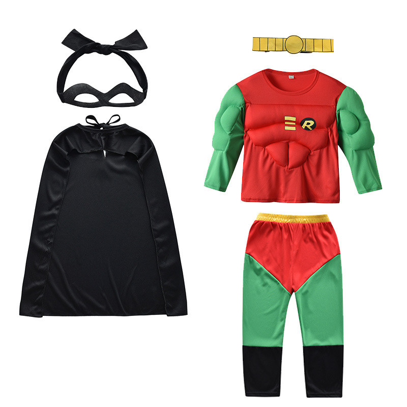 Kids Superhero Nightwing Robin Costume Set Boys Girls Muscle Suit To Pants Eye Mask Cloak Children