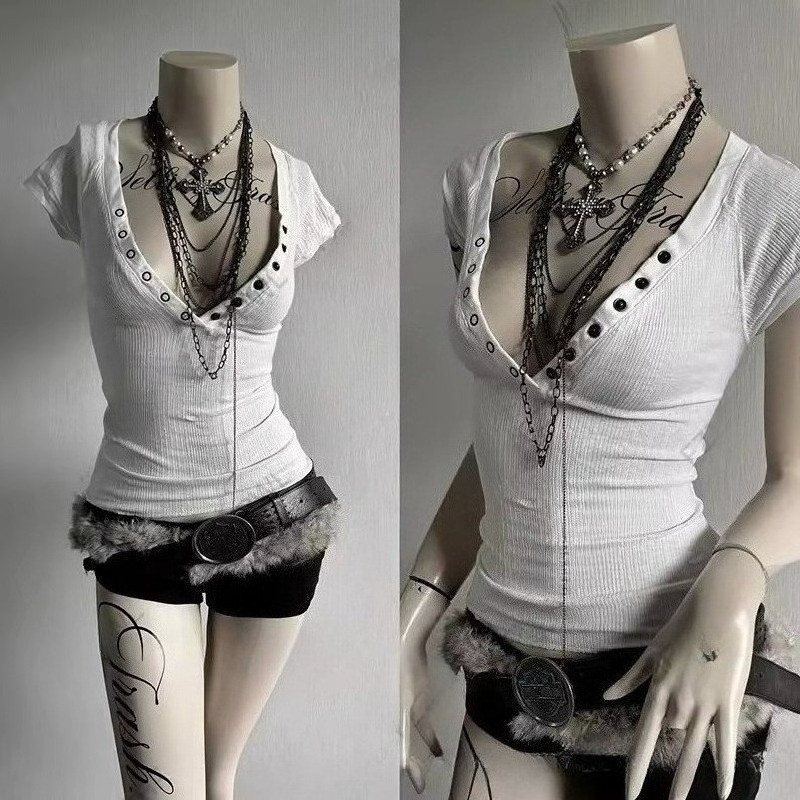 Eurican Fashion Popular V Neck Sleeve T Shirts Y2K Aesthetic Rt Nail Slim Women Clothes High Street