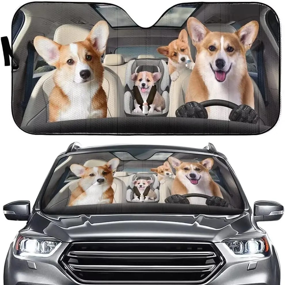 Cute Corgi Dog Car Windshield Sun Shade Corgi Driving Front Window Sunshade Cover Dog Family Car Vis