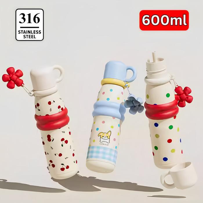 Botol Minum Stainless Steel 600ml / Tumbler Portable Insulated Bottle With Mug Kawai