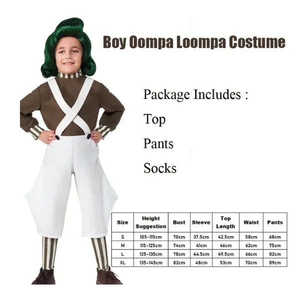 Willy Charlie Cosplay Costume Chocolate Factory Oompa Cosplay Loompa Fantasia Costume Disguise Kids