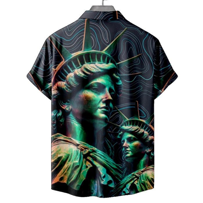 ASLI Kemeja Casual Pria Motif Patung Liberty Topographic Lengan Pendek & Panjang SK-153 - Baju