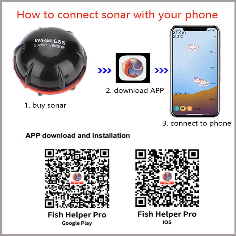 Smart Sonar Fish Finder Wireless Bluetooth Portable 48m/160ft Depth Finder for iOS Android Outdoor