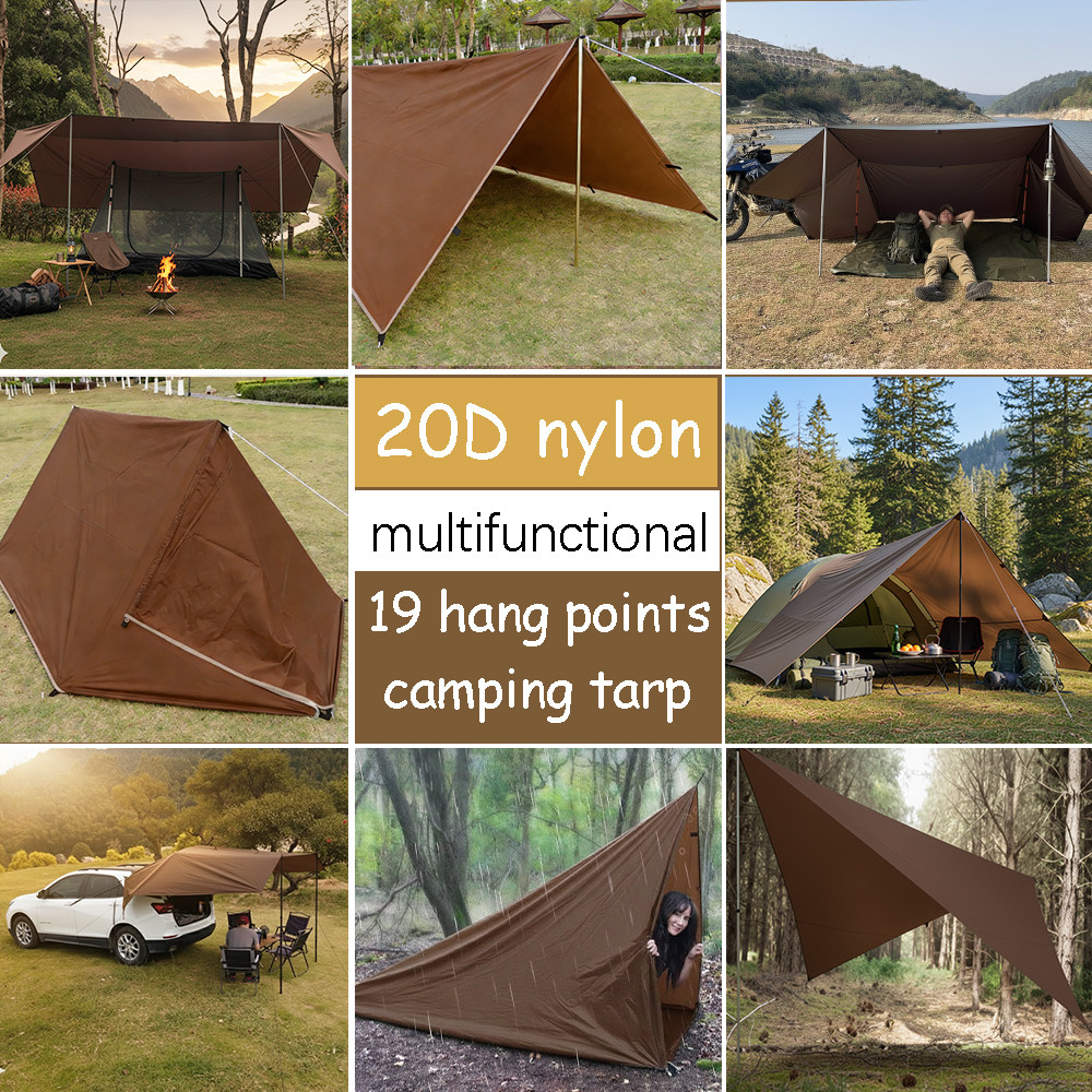 20D Nylon 19 Hang Points Camping Tarp 3x3 Waterproof Flame-retardant Lightweight Hiking Flysheet