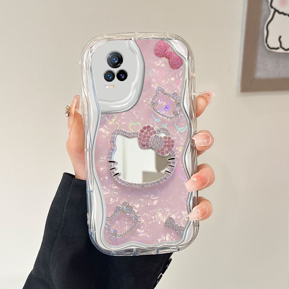 Phone Case Fashion Cermin Pink Diamond Heart Mirror Cover For VIVO V21E V21 Y73 2021 4G Untuk Casing