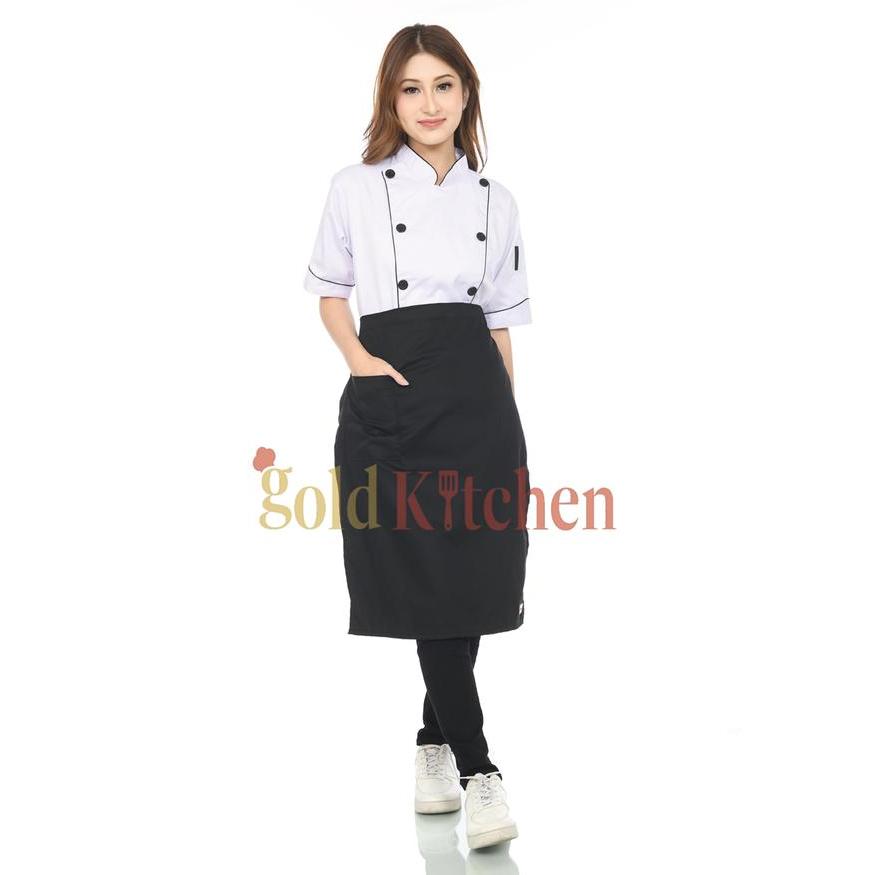 Baju Koki Chef Jacket Baju Chef Seragam Koki Pria Wanita Lengan Pendek Gold Kitchen Biru Hitam Putih