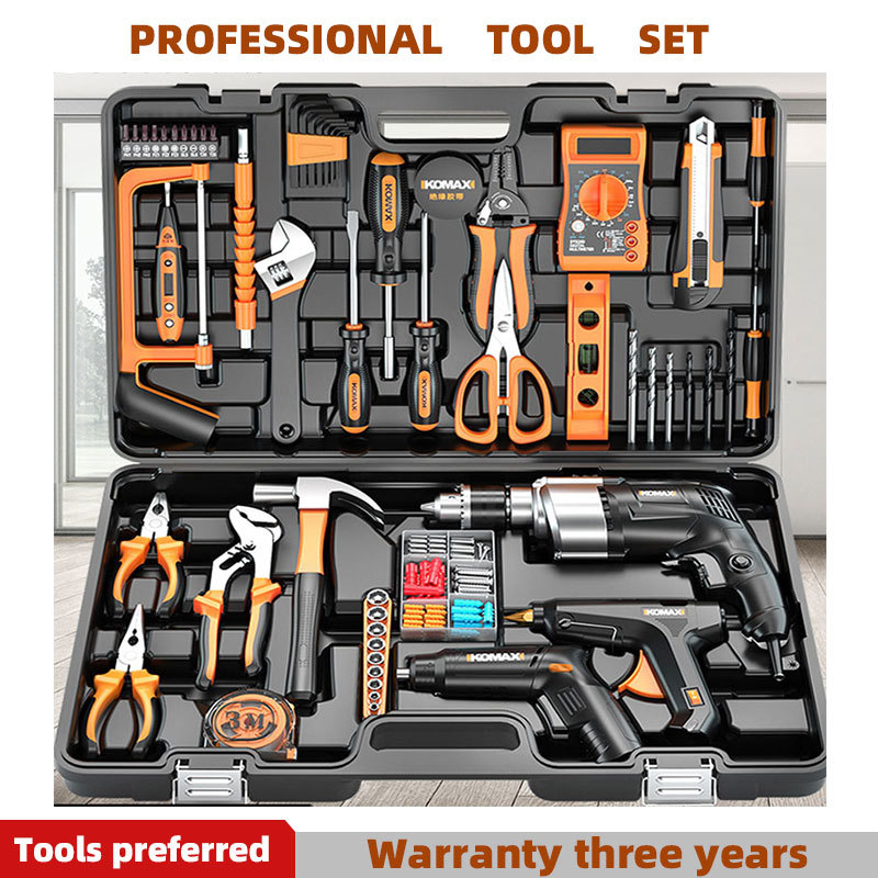 Set Perbaikan dan Perkakas Rumah dengan Kotak Perkakas Bor Set Perkakas Listrik Tangan Profesional K