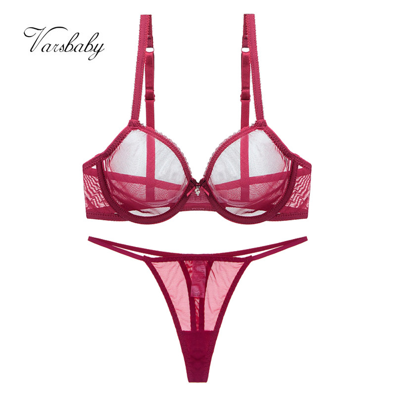Varsbaby Ladies Underwear Summer Thin Mesh Bra Set Transparent Gather Breathable Thong Plus Size Bra