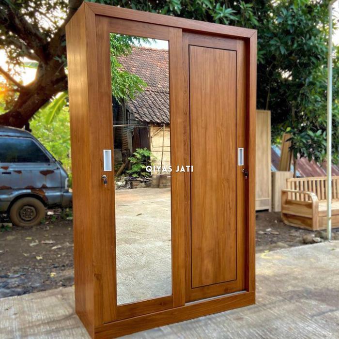 Lemari pakaian 2 pintu sliding geser kayu jati minimalis