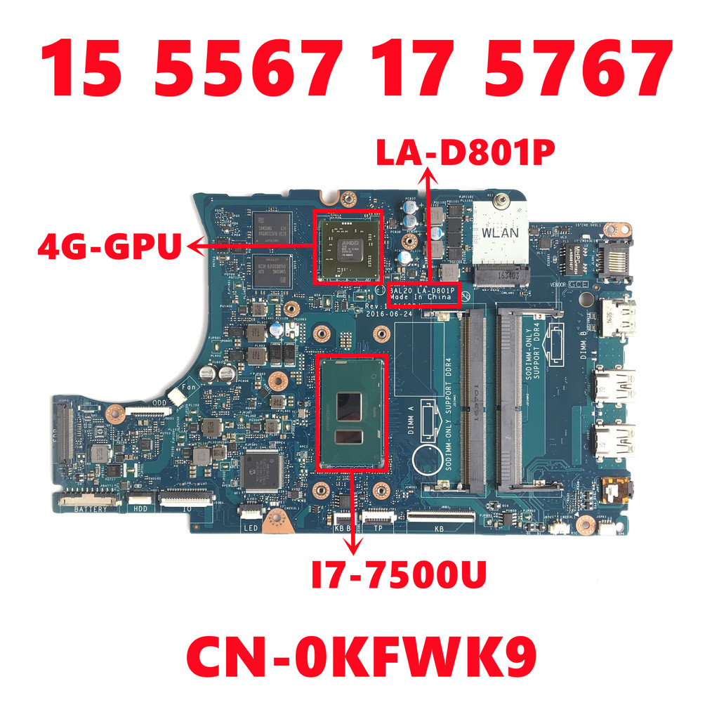 Cn-0Kfwk9 Kfwk9 Bal20 La-D801P For Dell Inspiron 15 5567 17 5767 Laptop Motherboard With I7-7500U