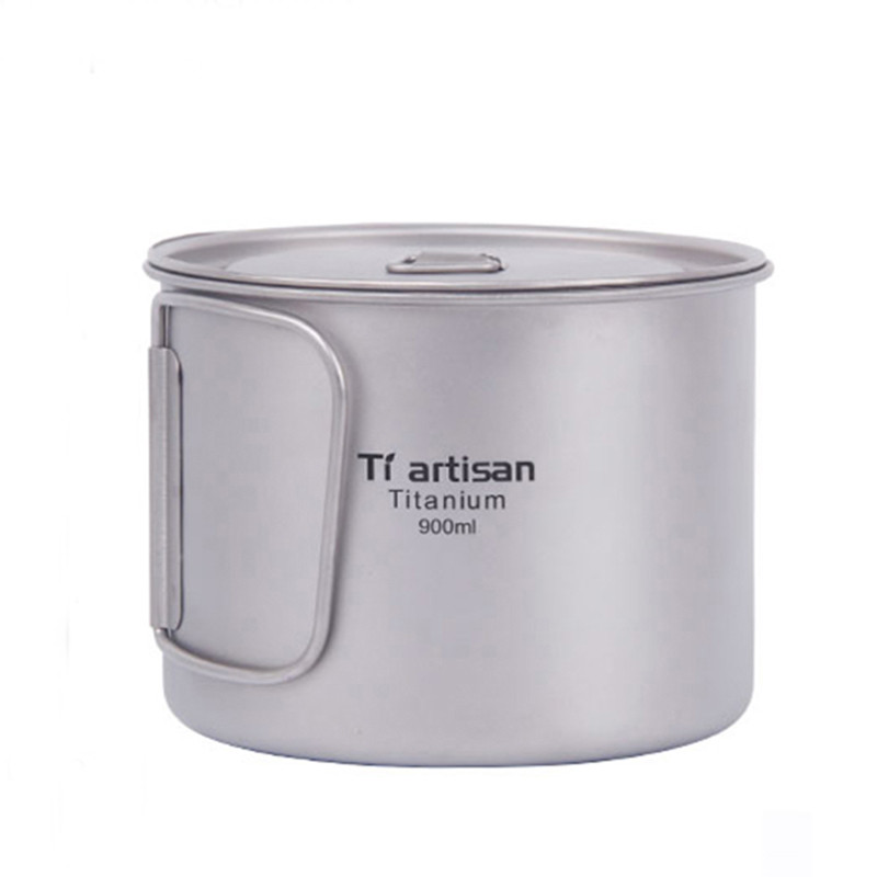 Terbaik Tiartisan Camping Titanium Mug 900ml Portable Tableware Water Cup with Lid Folding Handle Ou