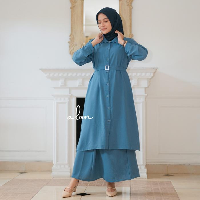 Elma One Set Rok Crinkle Airflow Busui Friendly Set Rok Tunik Wanita Kekinian Atasan Baju Kancing
