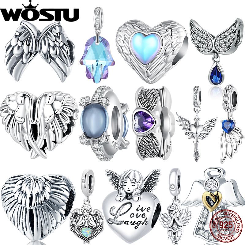 WOSTU 925 Sterling Silver Moonstone Wing Beads Heart Guard Charm Vintage Angel Guardian Pendant Fit