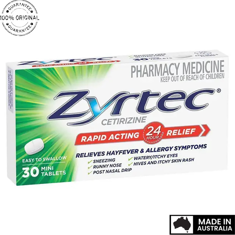 Aussie Original Zyrtec Rapid Acting Antihistamine Allergy & Hayfever Mini Tablets 30 Pack