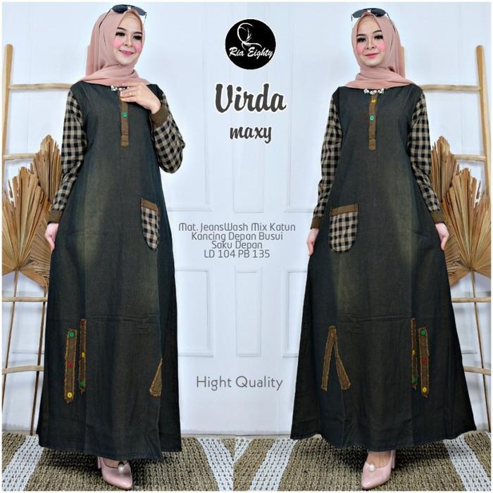 ORIANA MAXY JEANS KOMBINASI KATUN KOTAK GAMIS JUMBO KANCING DRESS WANITA MUSLIM PANJANG