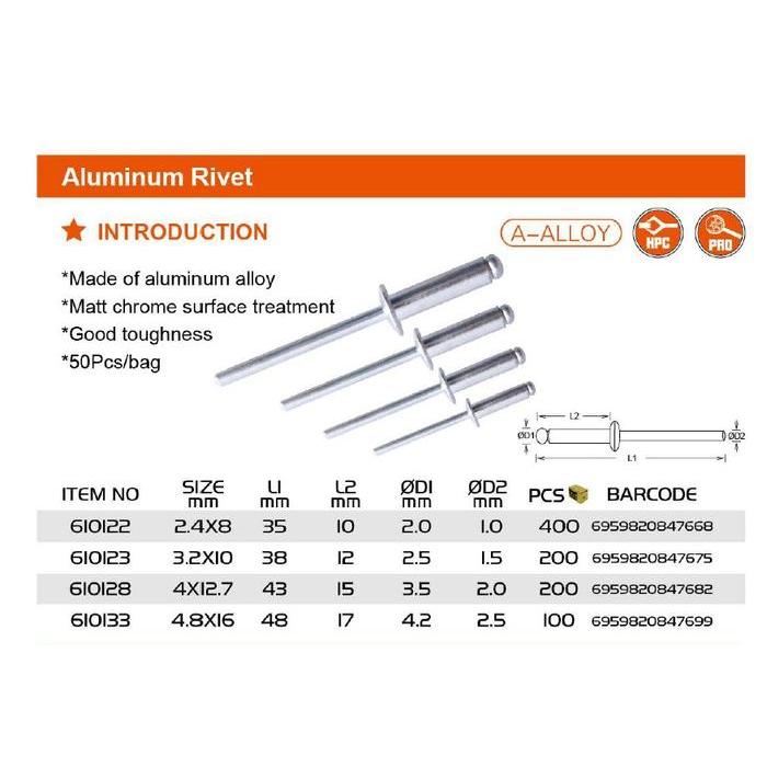 "New" Alumunium Rivet / Paku Rivet 2.4mm, 3.2mm, 4mm Paku Alumunium