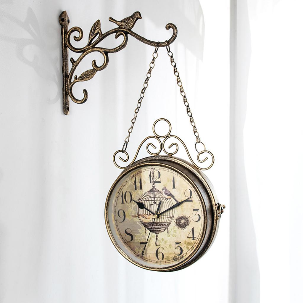 Vintage- Double Sided Wall Clock Metal -Look Wall Hanging Two Faces Clock Home