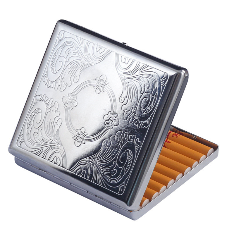 20 Pack Stainless Steel Embossed Portable Cigarette Box Pressure Resistant Men's Coarse Cigarettes