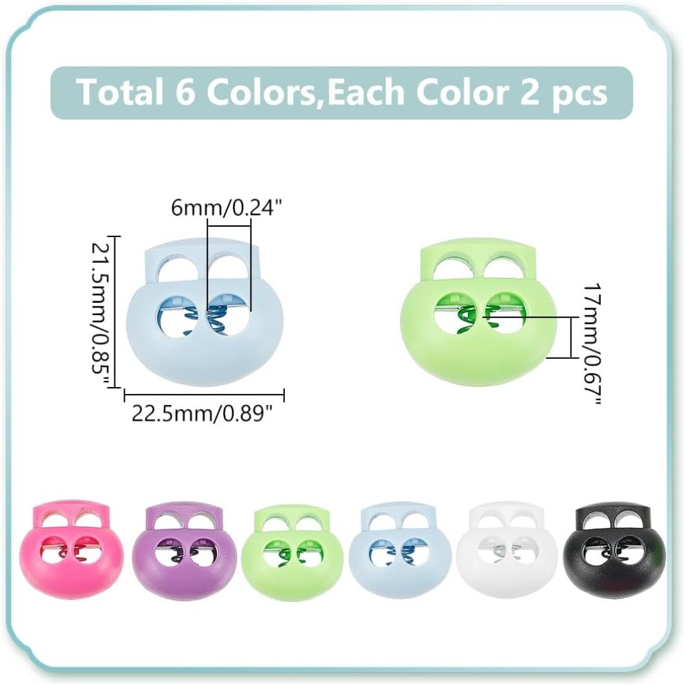 6Colors Spring Cord Lock End Stopper 12Pcs Double Hole Cord Toggle for Drawstring Shoelaces Backpack