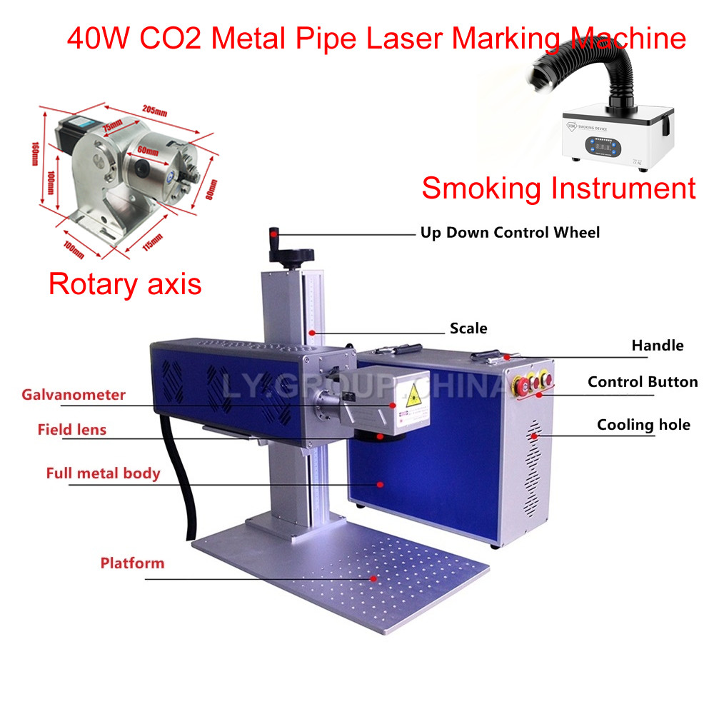 Mesin Penanda Laser Pipa Logam CO2 40W dengan Instrumen Merokok dan Sumbu Putar untuk Pengukir Kerta