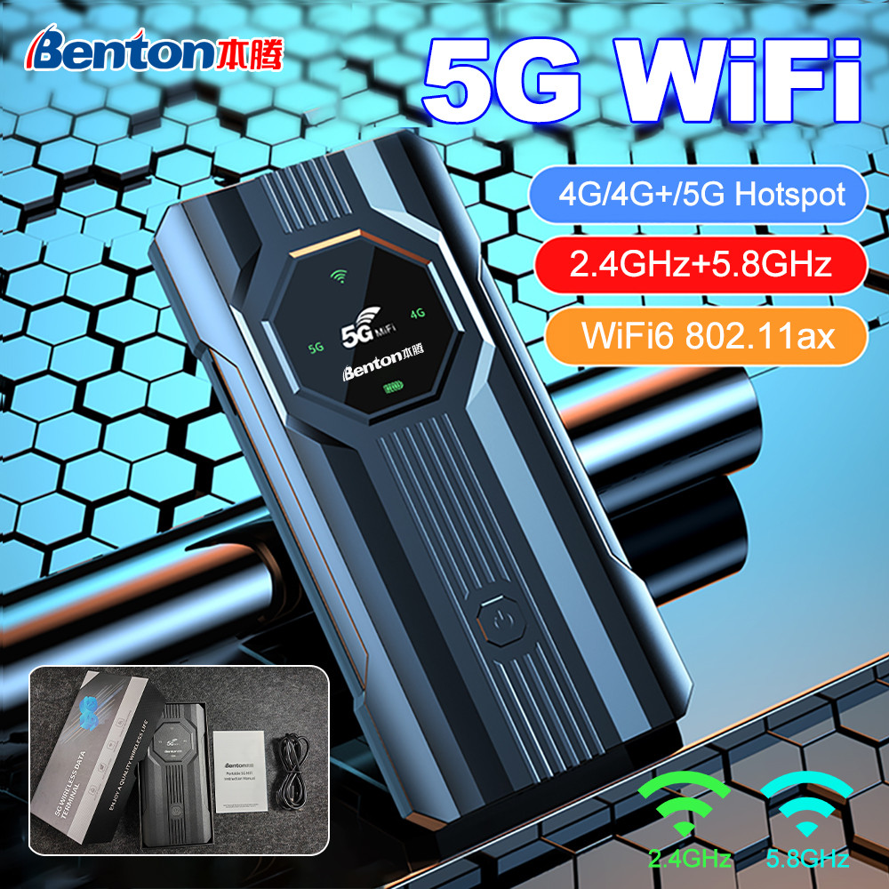 Benton Plug Play 5G MiFi Portable 5G SIM Router 7000mAh 2.4GHz 5.8GHz AX1200Mbps CAT12 32Devices