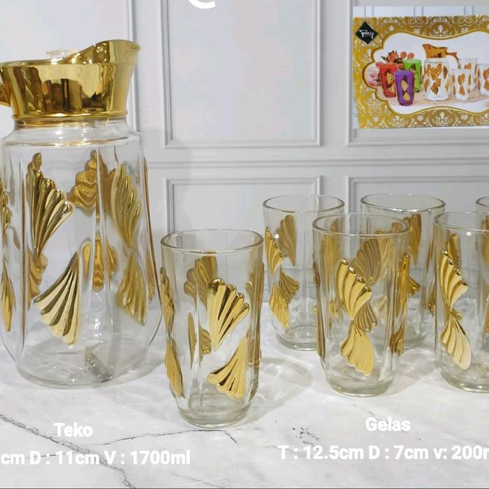 TEKO SET BAHAN KACA, 1 TEKO 6 GELAS VARIASI WARNA KOMBINASI GOLD