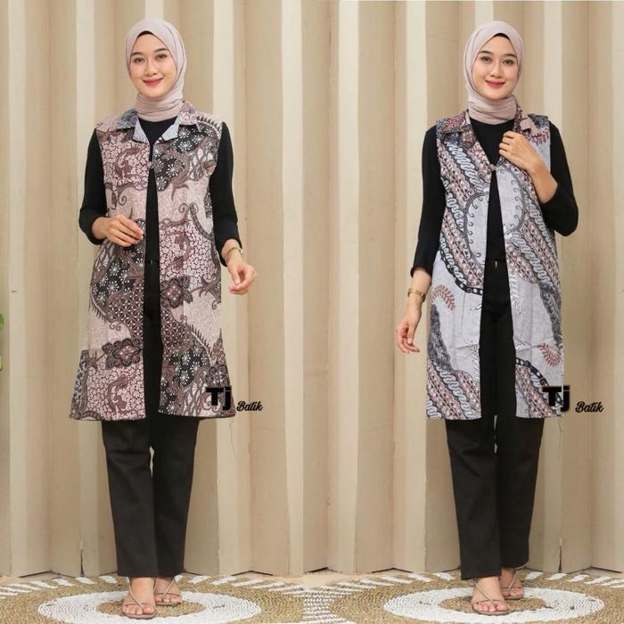 Long Cardi Batik Motif Bolak Balik Atasan Wanita Outer Panjang Tanpa Lengan Cardigan Batik Modern