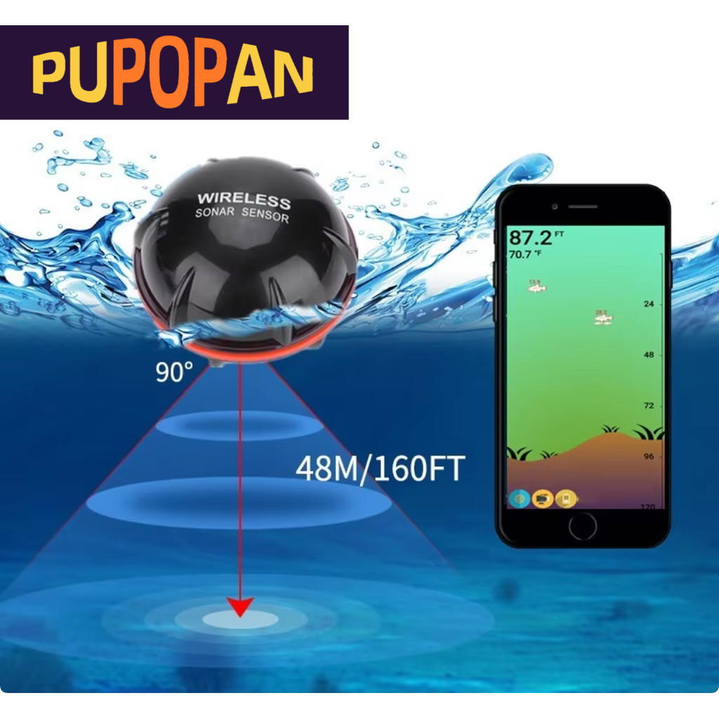 Smart Sonar Fish Finder Wireless Bluetooth Portable 48m/160ft Depth Finder for iOS Android Outdoor