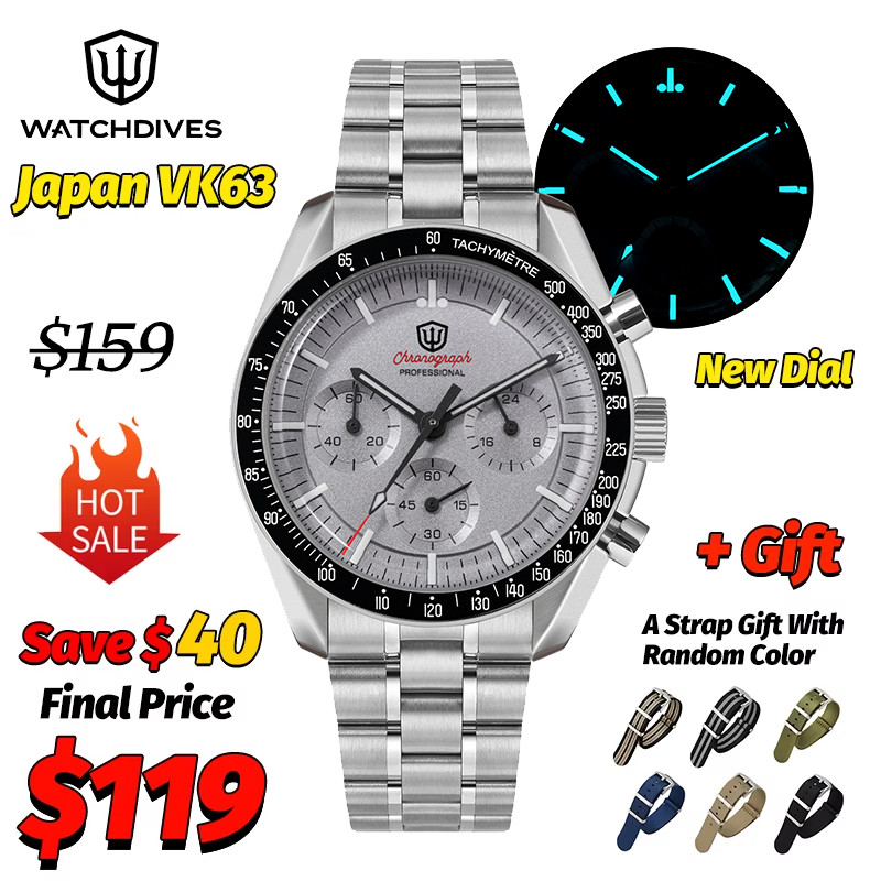Watchdives WD1863 Grey Sports Chronograph Watch Man VK63 Sweep Mechanical Quartz Movement Bubble