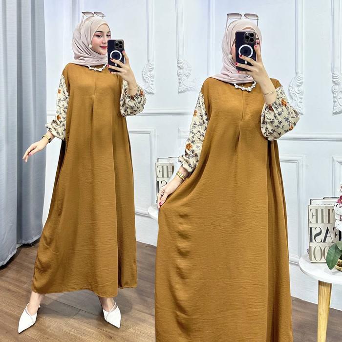 LISHA DRESS GAMIS WANITA DEWASA CRINKLE MIX MOTIF RAYON Muslim Airflow