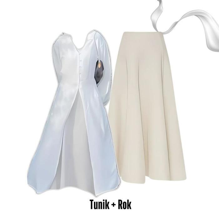 Oneset 3In1 Tunik Putih Rok Panjang Jilbab Bella Square Ootd Setelan SyariRemajaBajuMuslimBasicTunik