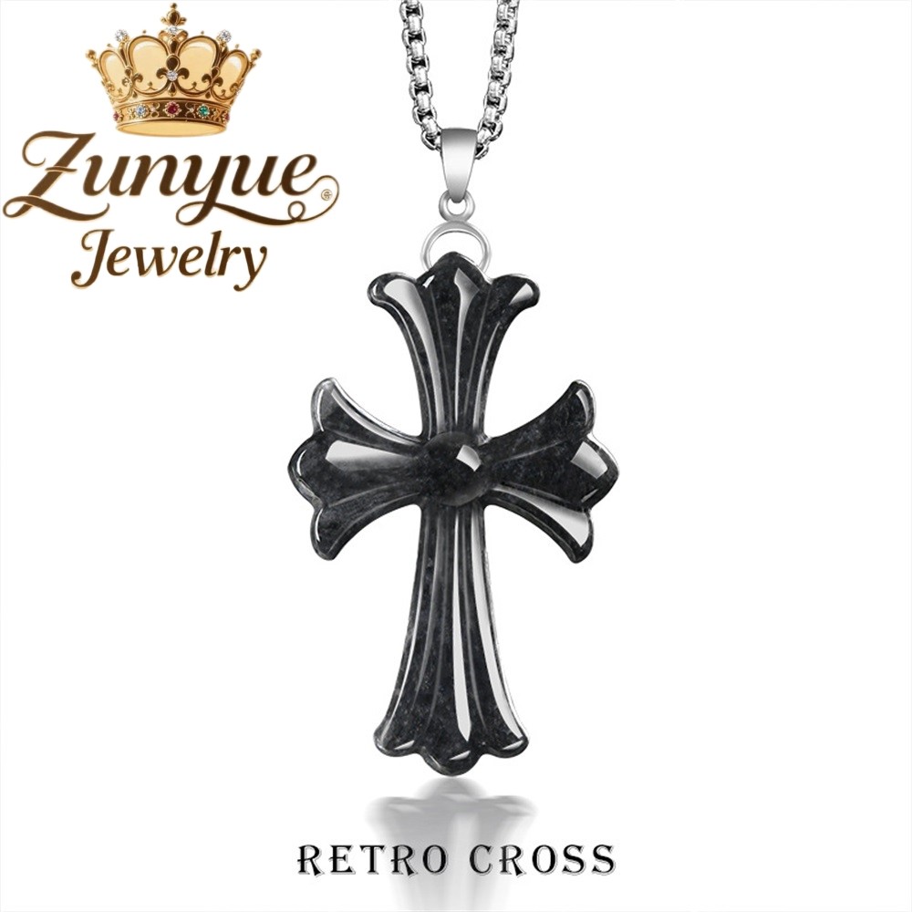 Natural A - Grade Jadeite Black Chicken Variety Cross S925 Silver Jade Pendant And Fashionable