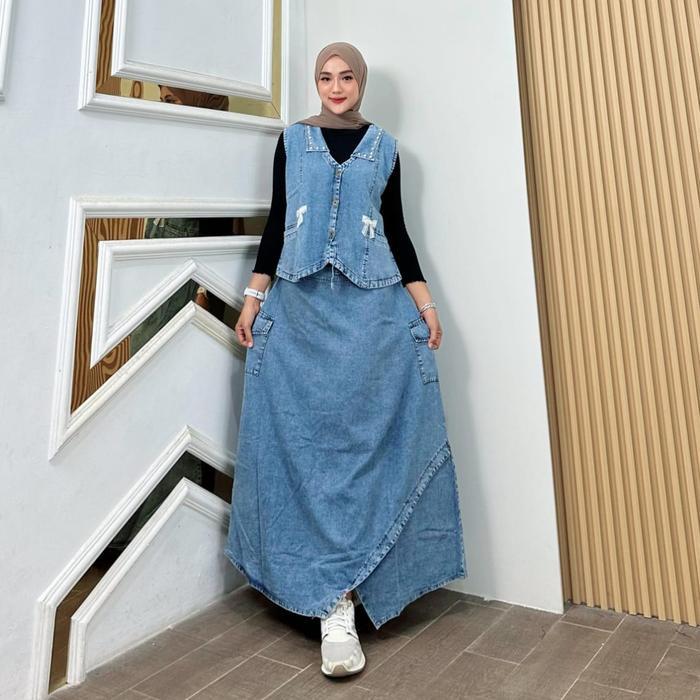 Ini Murah Cishia One Set Rompi Jeans Muslim Wanita Kekinian