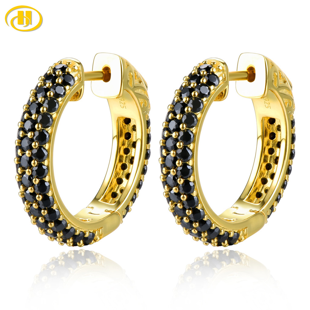 Natural Black Spinel Silver Hoop Earring S925 Yellow Gold Plated 5 Carats Genuine Spinel Classic