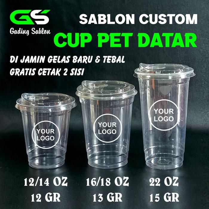Sablon Gelas Cup Plastik Cup PET 14 oz Datar + Tutup