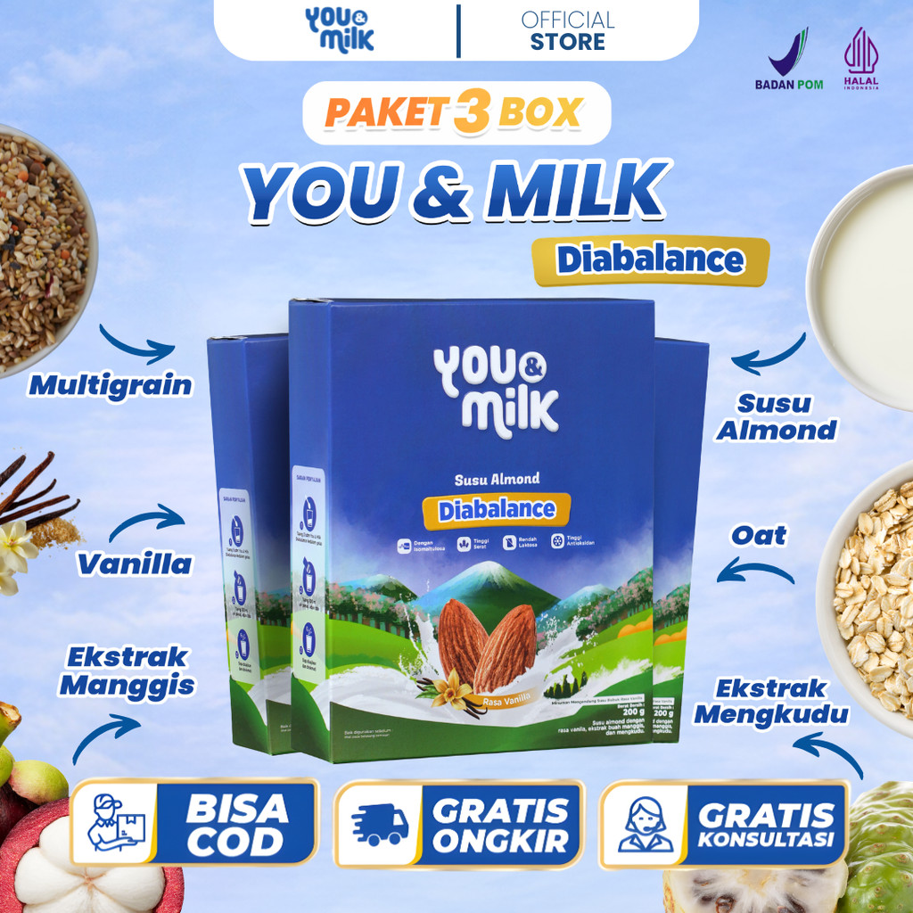 YOU & MILK DIABALANCE 3 Box Susu Almond Herbal Cegah Diabates Sejak Dini Jaga Jantung Tanpa Efek Sam