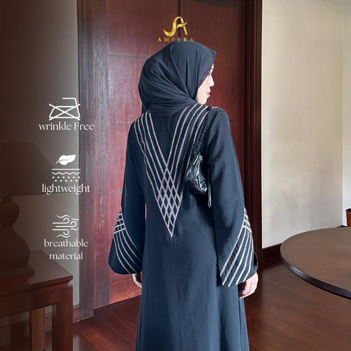 Ameera Abaya Amani Terbaru Hitam Bordir Rhinestone Gamis Muslim Wanita Syari Sifon Basic Dress