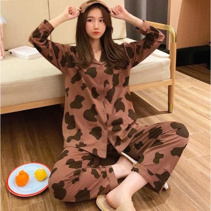 "New" AJW Piyama Full Kancing Lengan Panjang Piyama Kancing Kotak Kotak Baju Tidur Wanita Lengan