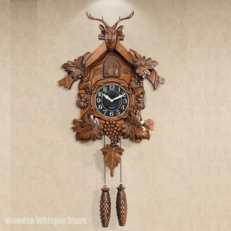Vintage Deer Head Cuckoo Clock Living Room Decoration Silent Wall Clock Nordic Home Decor Cucu Watch