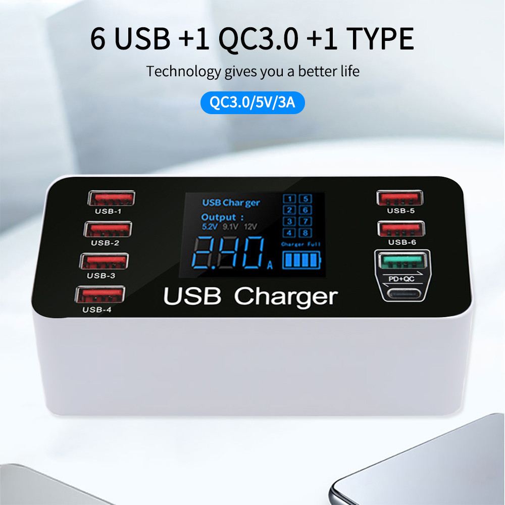 USB Charger Station Quick Charger 3.0 Smart LED Digital display 40W 8-port Multi USB Type C PD