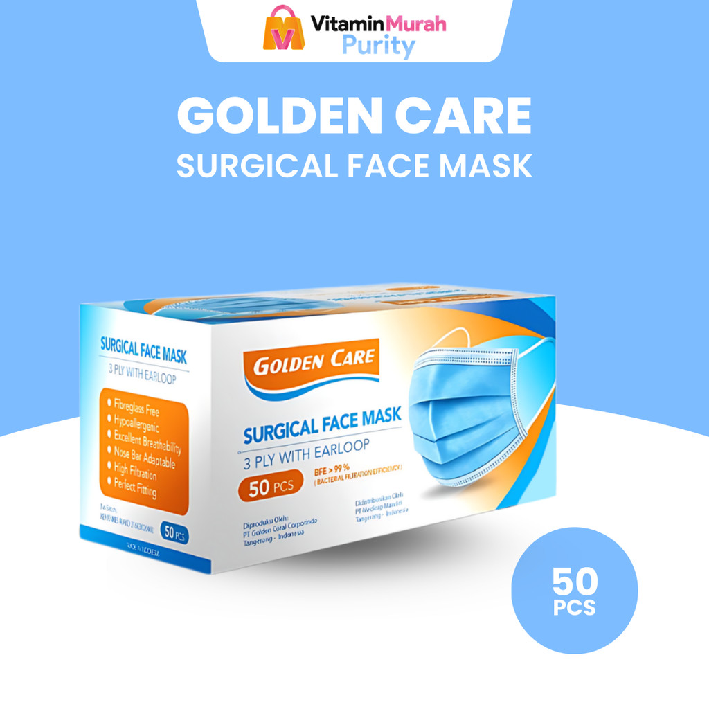 MASKER GOLDEN CARE 3 PLY WITH EARLOOP BFE 99 % 1 BOX ISI 50 PCS