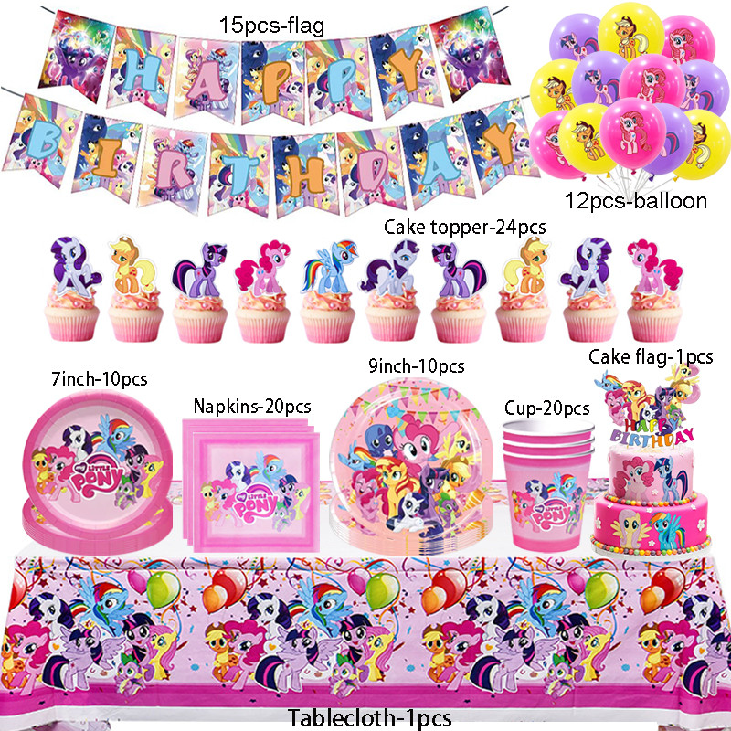 My Little Pony Birthday Party Decoration Disposable Tableware Set Girls Favors Pink Pony Plates Cups