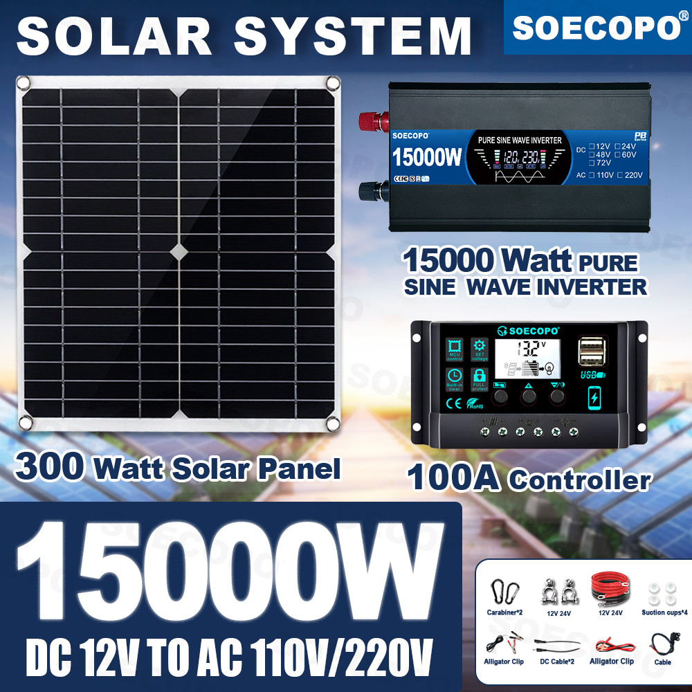 SOECOPO15000W Solar Complete Kit 300W Panel Panel Pure Sine Wave Inverter 12V To 110V/220V 100A