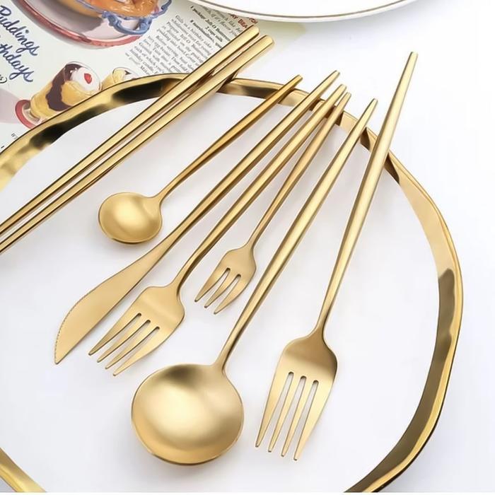 AVELINE Sendok Garpu Makan Stainless Steel Tebal Set Korea Kitchenware Warna Emas