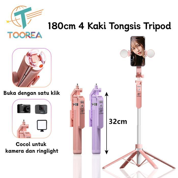 terlaris TOOREA Tongsis Tripod Bluetooth 180CM Paduan Aluminium Selfie Stick 4-leg Stand Remote
