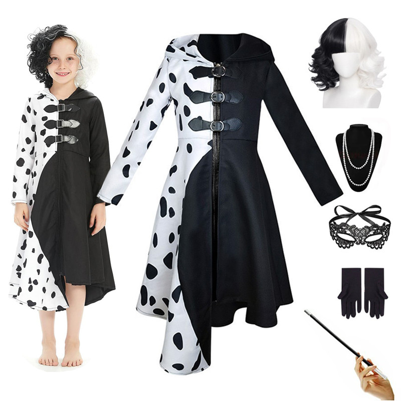 Cruella Deville Costume Black Dalmatian Jumuit Dress Girls Halloween Cosplay Party Dress Up