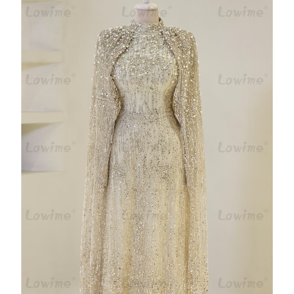 Arabic Muslim Beige Cape Sleeves Long Evening Dresses Pearls Beading High Neck Prom Dress Customized