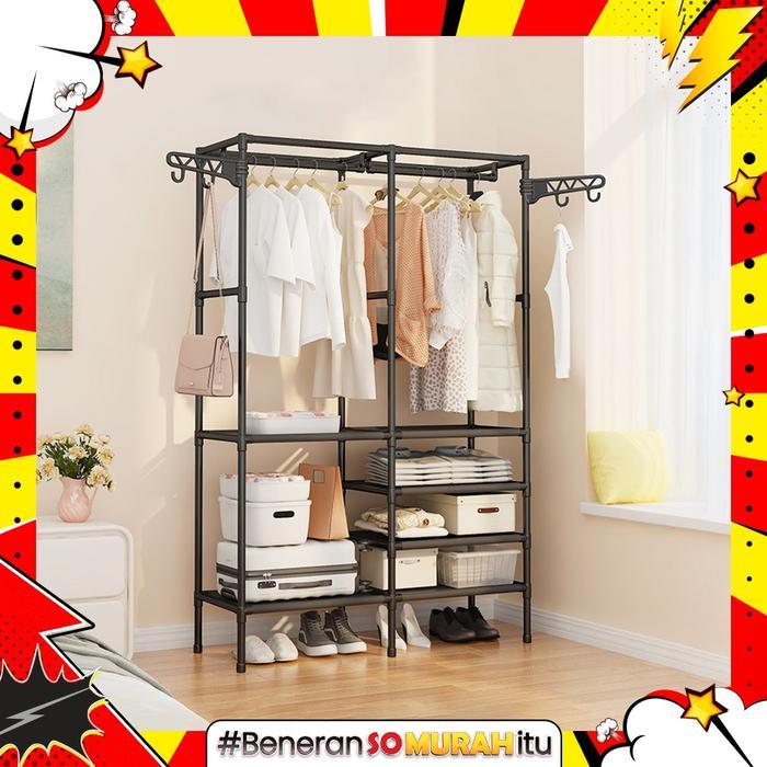 Rak Baju Gantung Minimalis 2 Sekat Lemari Pakaian Gantungan Tas Topi Praktis Terbuka