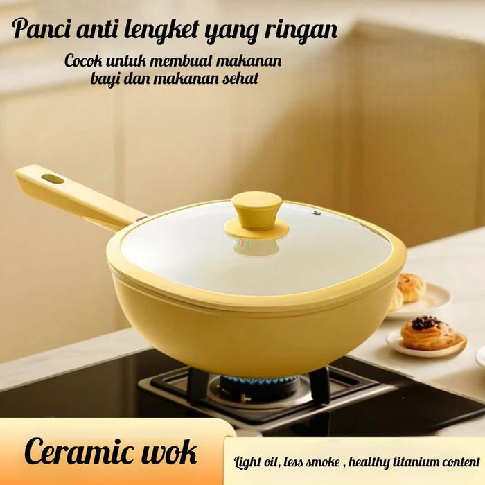 Wajan Panci Persegi Kuning 25cm Premium Keramik Anti Lengket dengan Tutup Kaca untuk Goreng Tumis